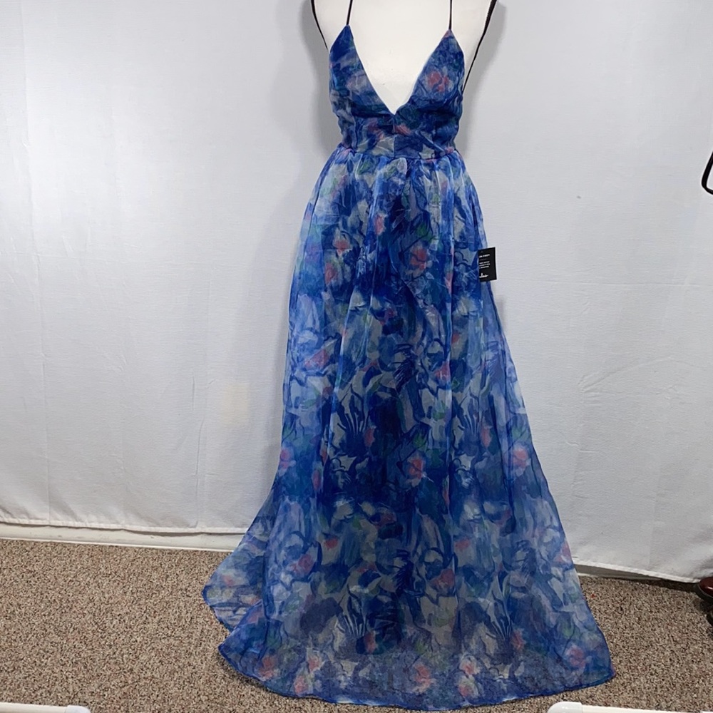 Lulu's Blue Floral Spaghetti-Strap Maxi Dress with Pink Highlights - Picture 2 of 11